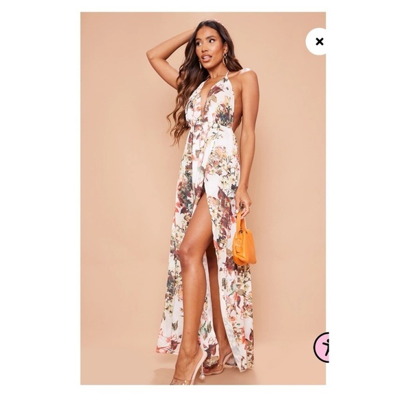 PRETTY LITTLE THING White Floral Print Chiffon Halter Backless Maxi Dress US 12 - Picture 4 of 7